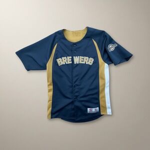 True Fan Milwaukee Brewers MLB Baseball Jersey Navy Blue Gold youth Small